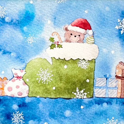 透明水彩画 A4ポスター「くまちゃんのクリスマス」北欧クリスマス