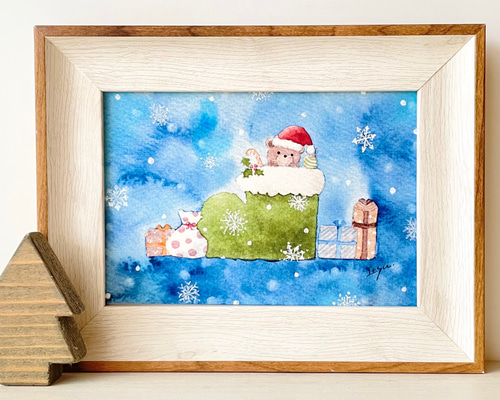 透明水彩画 A4ポスター「くまちゃんのクリスマス」北欧クリスマス