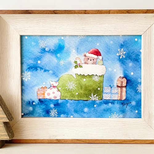 透明水彩画 ミニ額「くまちゃんのクリスマス」北欧イラスト