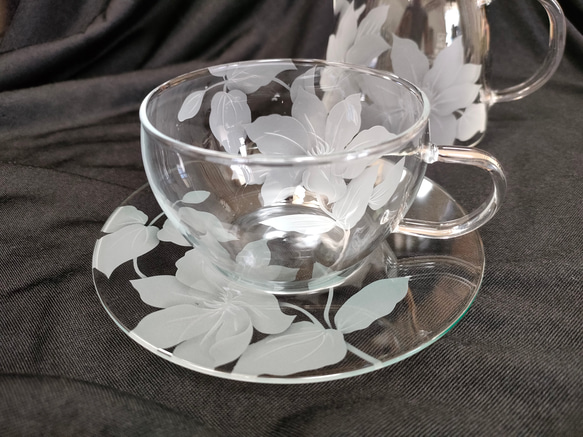 【受注制作】クレマチス ティーカップ＆ソーサー2点セット サンドブラスト ハーブティ 紅茶 4枚目の画像