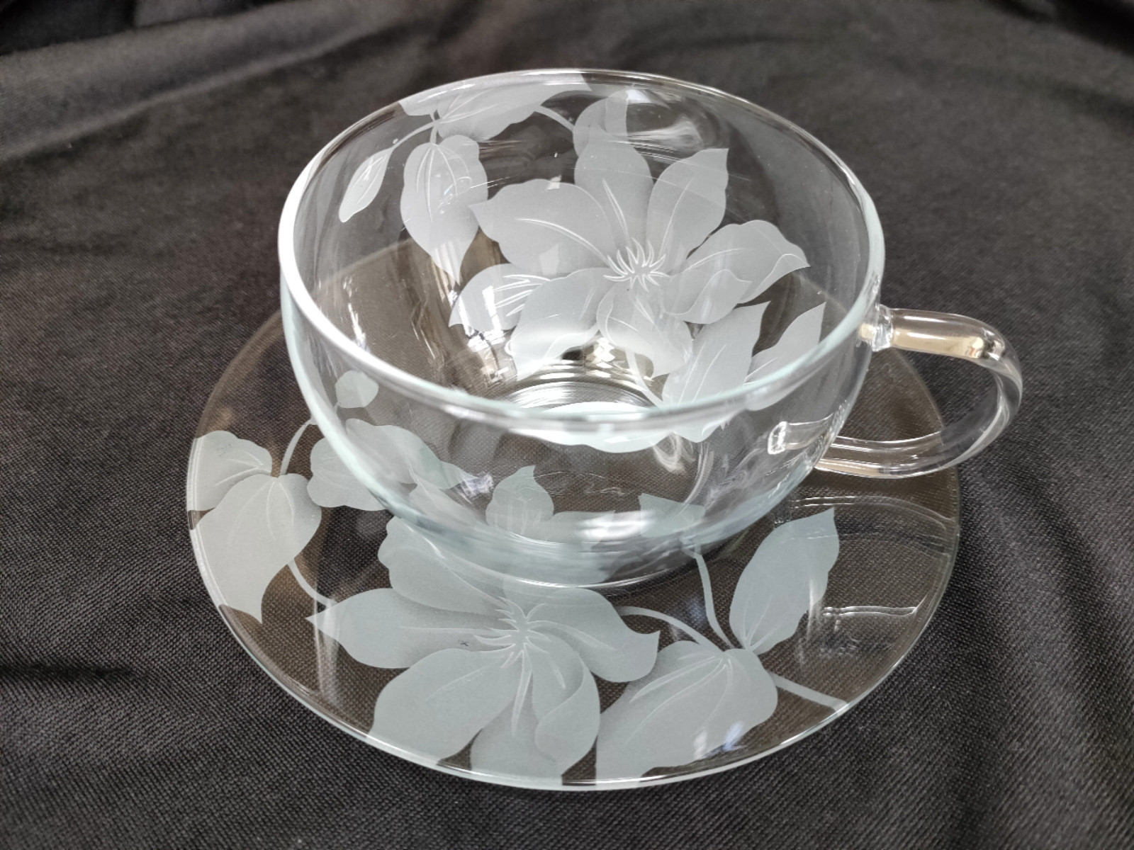 【受注制作】クレマチス ティーカップ＆ソーサー2点セット サンドブラスト ハーブティ 紅茶