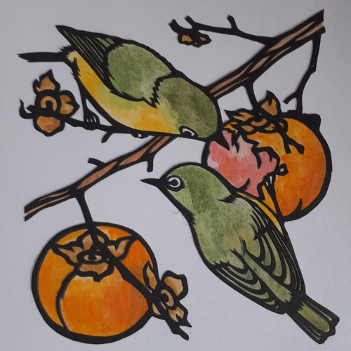 水彩画　柿　ムクドリ　秋の絵　マーメイド紙　絵画　アート　美術　秋　鳥　果物 水彩画 柿 ムクドリ 秋の絵 マーメイド紙 絵画 アート 美術 秋