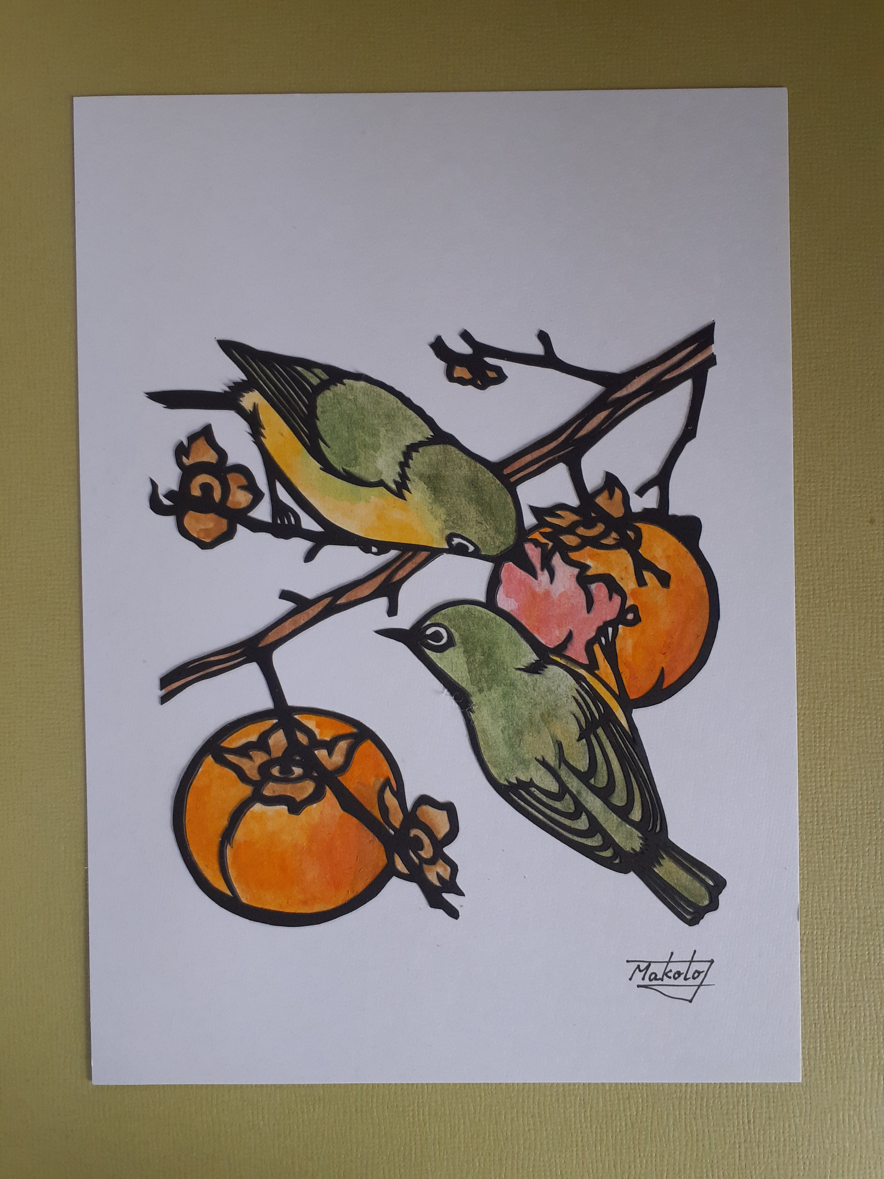 水彩画　柿　ムクドリ　秋の絵　マーメイド紙　絵画　アート　美術　秋　鳥　果物 Amazon.co.jp: 水彩画 柿 ムクドリ 秋の絵 マーメイド紙 絵画