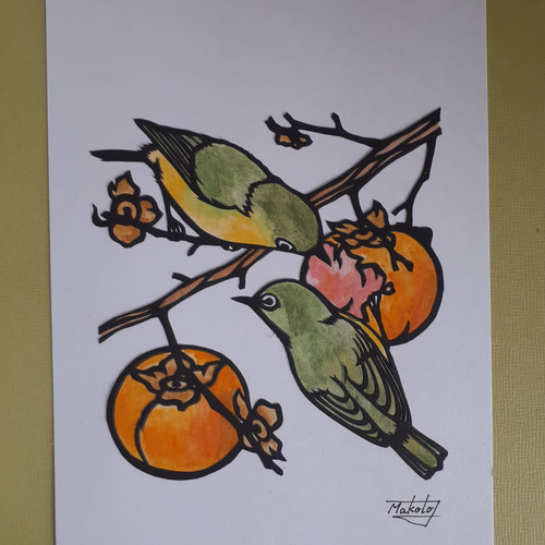 水彩画　柿　ムクドリ　秋の絵　マーメイド紙　絵画　アート　美術　秋　鳥　果物 水彩画柿ムクドリ秋の絵マーメイド紙絵画アート美術秋鳥果物