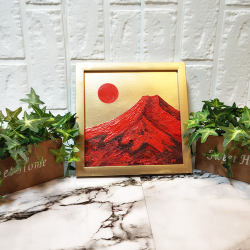 油絵 絵画 太陽と赤富士 【Ａ3】