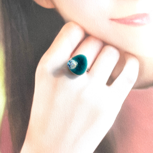 ハンドメイド　美濃焼タイル　フォークリング　陶磁器の指輪　お花　ブルー
