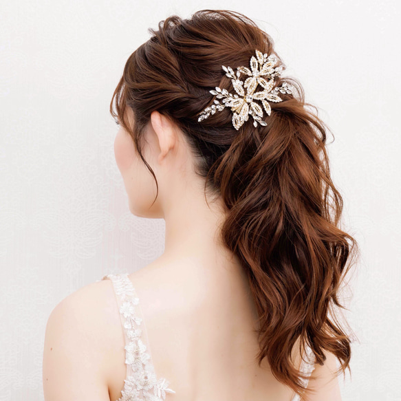 DH98  ヘッドドレス　ウェディング　小枝　ブライダル ヘアアクセサリー   ゴールド  結婚式 6枚目の画像