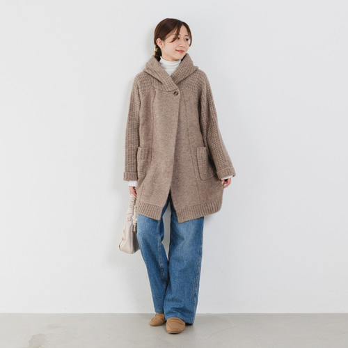 再販】ママさん必見！よそ行きにも使える洗えるニットコート フード