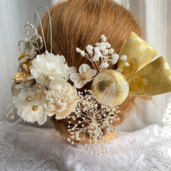 ドライフラワー髪飾り　プリザーブドフラワー　ヘッドドレス　水引　市松柄リボン　結婚式　成人式　卒業式　 3枚目の画像