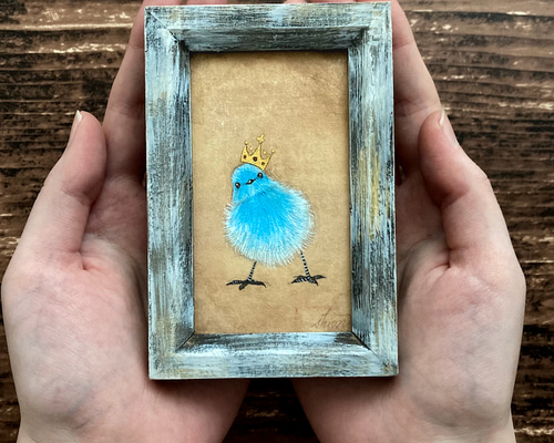 青い顔の人物画 鳥付き 受注制作】小さな絵画 青い鳥② /原画 日本画 かわいい 動物