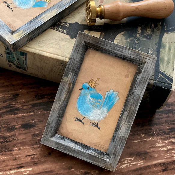 【受注制作】小さな絵画　青い鳥④ /原画　日本画　かわいい　動物 2枚目の画像