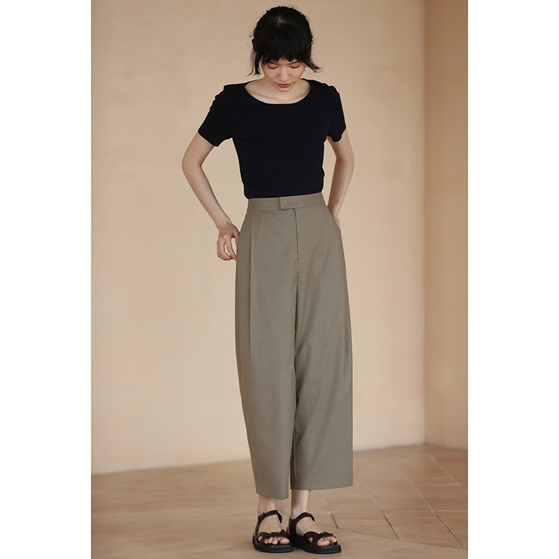 9分丈パンツ　ハイウエストパンツ　シンプル通勤パンツ　カーキ　S-XL #026