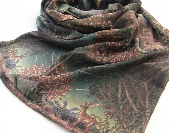【受注生産】シフォン水彩ストール～彩りの森～ダークグリーン 15枚目の画像