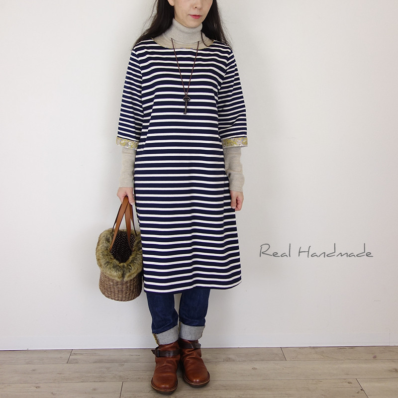 [予約販売] ネイビーボーダー袖２WAYシンプルワンピース