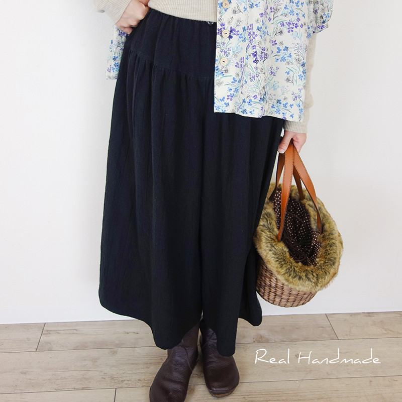 [予約販売] ワッシャーハーフリネンブラックギャザーパンツ