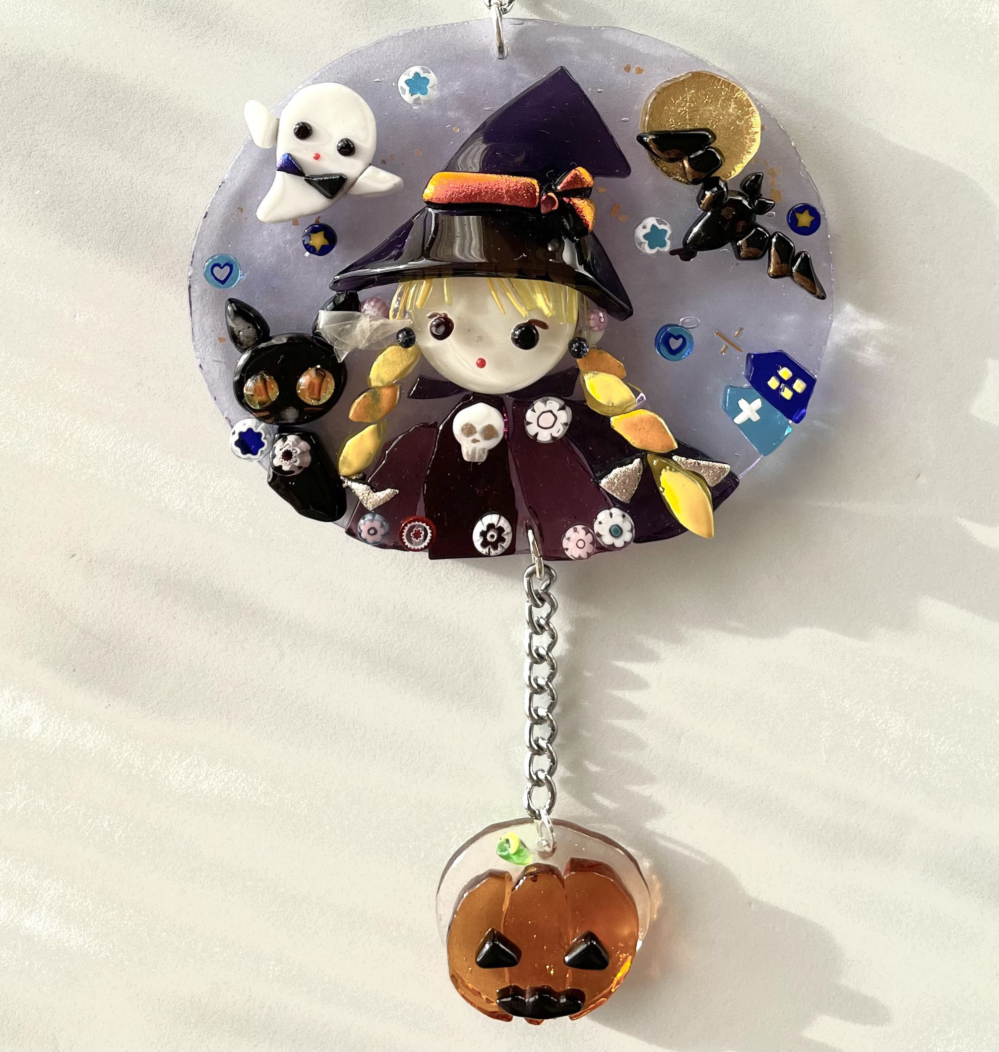 ハロウィン魔女の壁飾り（ベネチアンガラス、ミルフィオリ、コウモリ、お化け、黒猫、カボチャ）