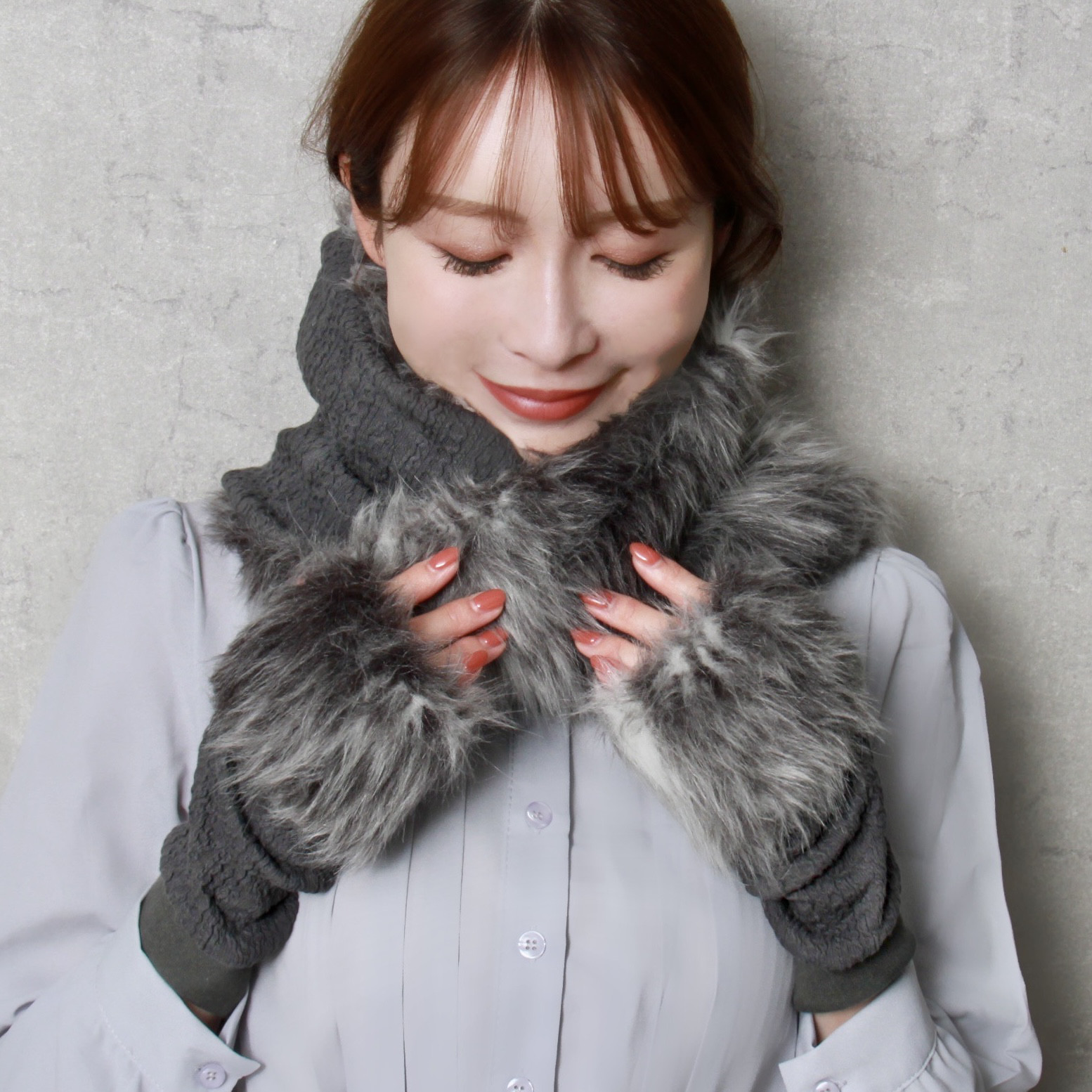 【Creema限定新春福袋＜竹＞】アラン織りニットとロングファーのスヌード＆ハンドウォーマー【チャコール】クリスマス