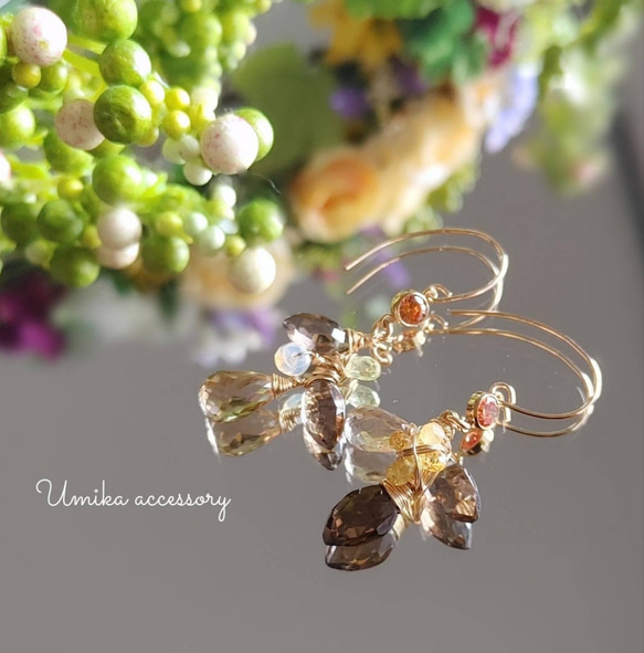 シャンパン、スモーキークォーツのleavesピアス14kgf～紅葉～ ピアス  