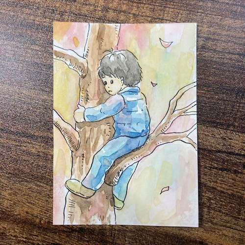 イラスト】原画「木登りする男の子」／透明水彩／絵画 イラスト Tamooo 
