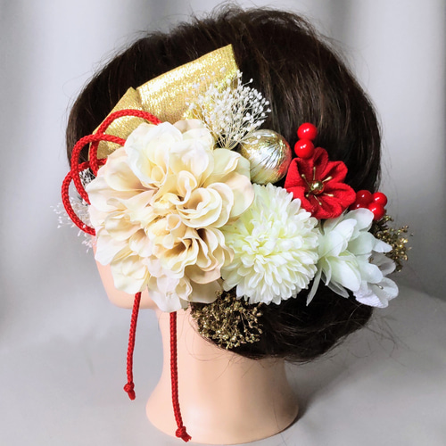 結ー紅白舞花/和髪飾り(成人式) SOUBIEN 成人式 髪飾り 2点セット 赤 レッド 白 ホワイト 牡丹