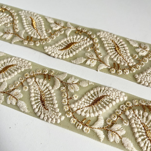 【*50cmカット】インド刺繍リボン　ライトグリーン　ネットFN469 3枚目の画像