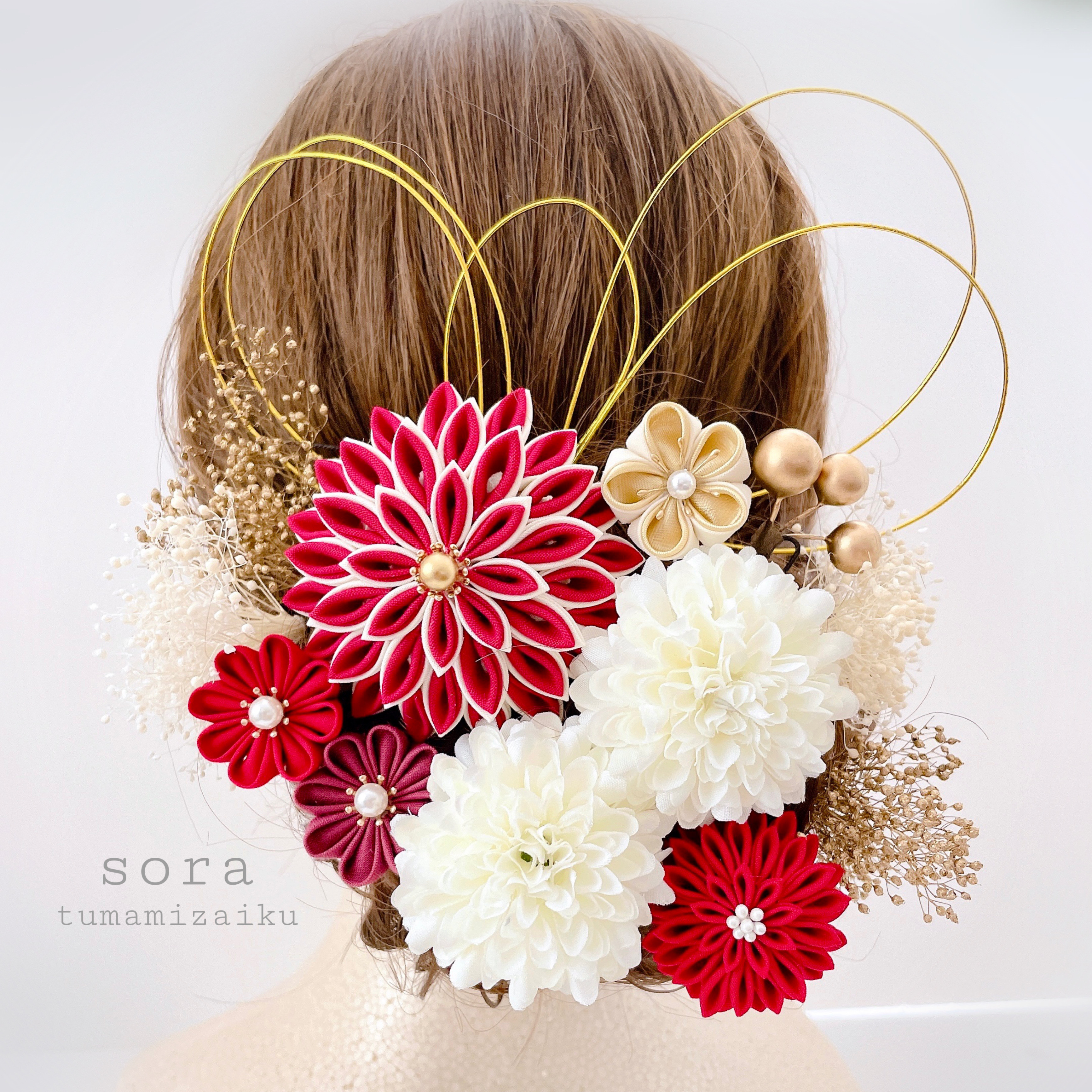 つまみ細工　髪飾り　ポンポンマム【紅白】成人式　ウェディング　和装　アーティフィシャルフラワー　卒業式　七五三