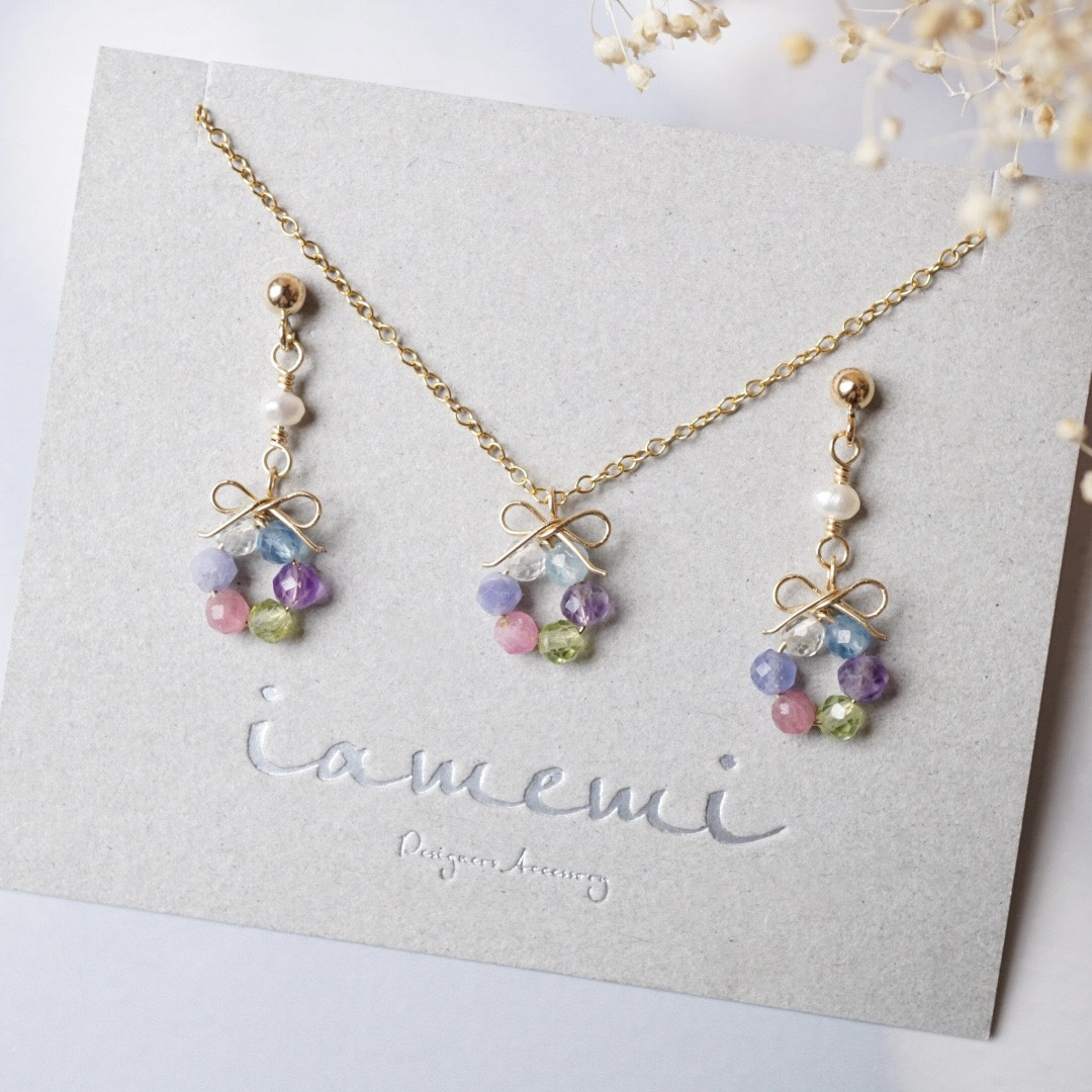 【お得セット】「アジサイの花結」ピアス イヤリング ネックレス 淡水パール リボン 天然石 誕生石 パステル プレゼント
