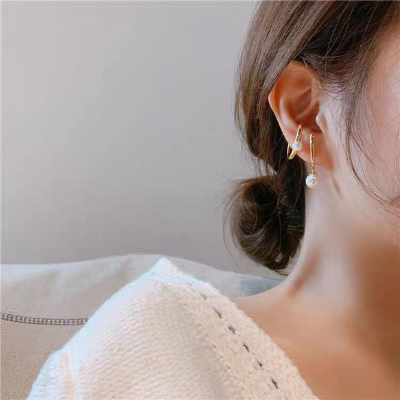 耳夾珍珠 18K 金 4 件組金屬過敏兼容耳夾大號大號女士 第2張的照片