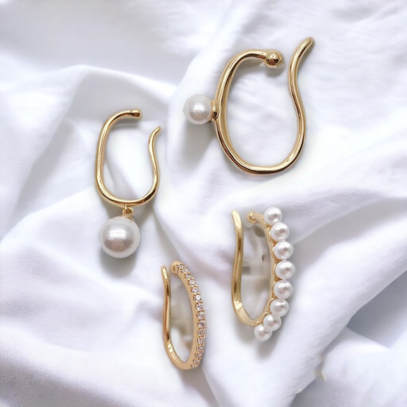 イヤーカフ パール 18K ゴールド 4点セット アレルギー対応 イヤーカフス 大きめ レディース 仕事 プレゼント 6枚目の画像