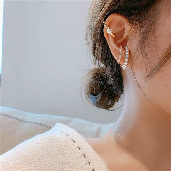 耳夾珍珠 18K 金 4 件組金屬過敏兼容耳夾大號大號女士 第3張的照片