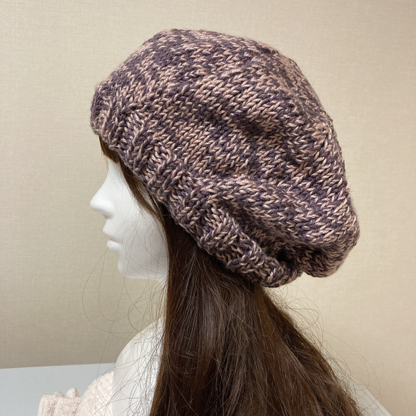 ニット帽　ピンクパープル　手編み　ベレー帽　男女兼用　1年中着用可能　おしゃれ 4枚目の画像
