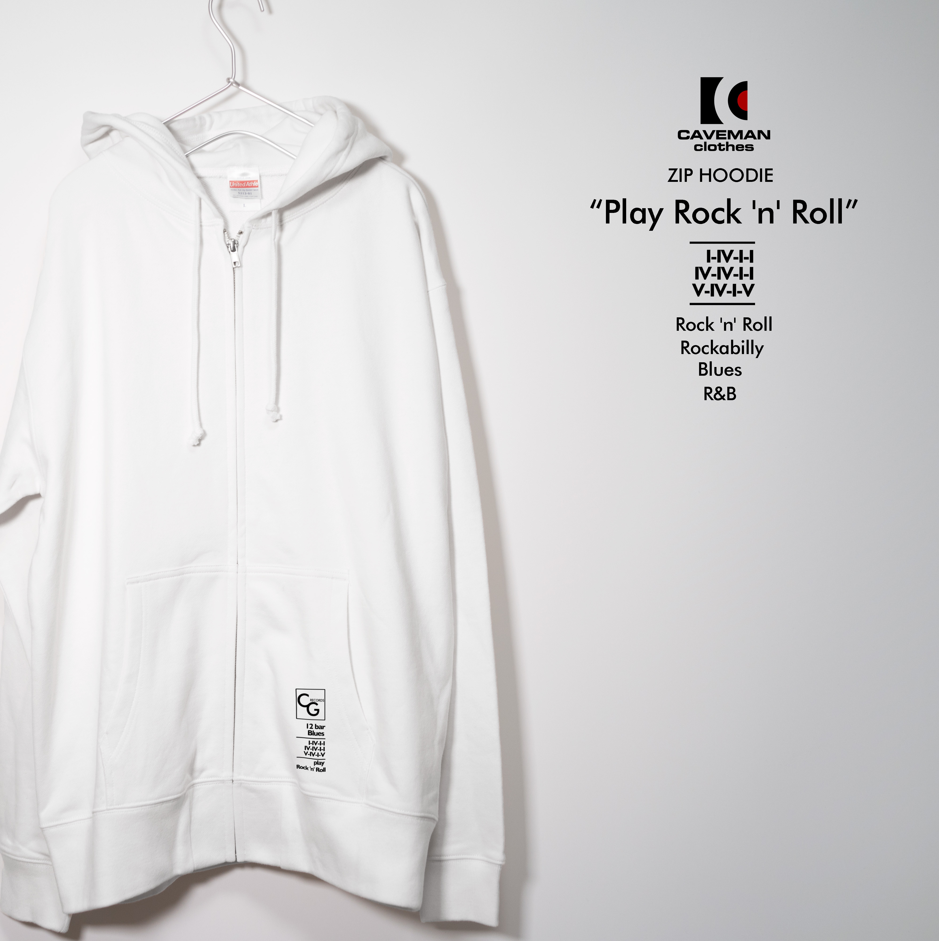 大人なロックンロール・デザインのジップパーカー【ホワイト】春秋も活躍の程よい厚さのパイル地　ユニセックス　フード二重