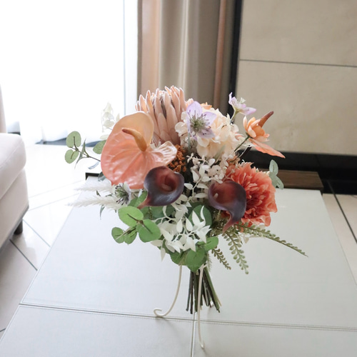 テラコッタカラーブーケ プロテアとアンスリウム アーティ