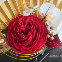 【お正月ハンドメイド2024】お正月飾り 扇にてまりローズの豪華飾り　和風アレンジメント 3枚目の画像