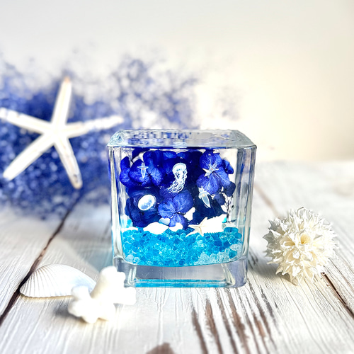 ☆クラゲとクリオネ☆海のハーバリウムCUBE 晴れやかブルー2025