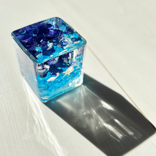 ☆クラゲとクリオネ☆海のハーバリウムCUBE 晴れやかブルー2025