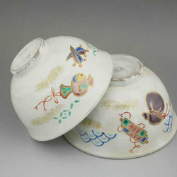 ◆商品番号　7872 粉引宝紋夫婦湯呑と夫婦茶碗セット　花月 4枚目の画像
