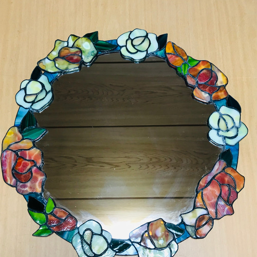 ステンドグラス ウォールミラー（Ap-58.丸型ローズ柄ミラー