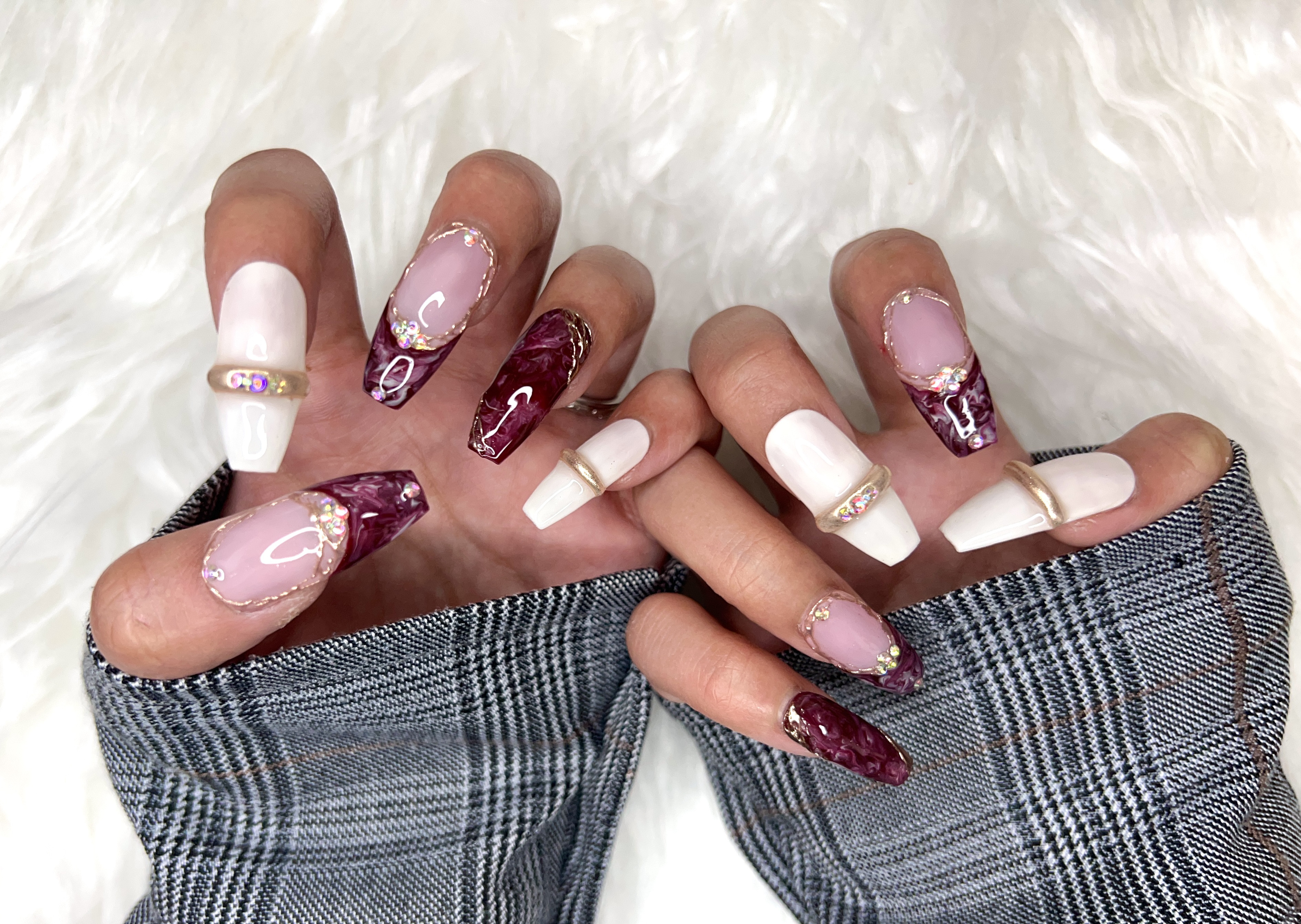 ミラー ネイルチップ ハート フラッシュ ボルドー リボン フレンチ オーダー