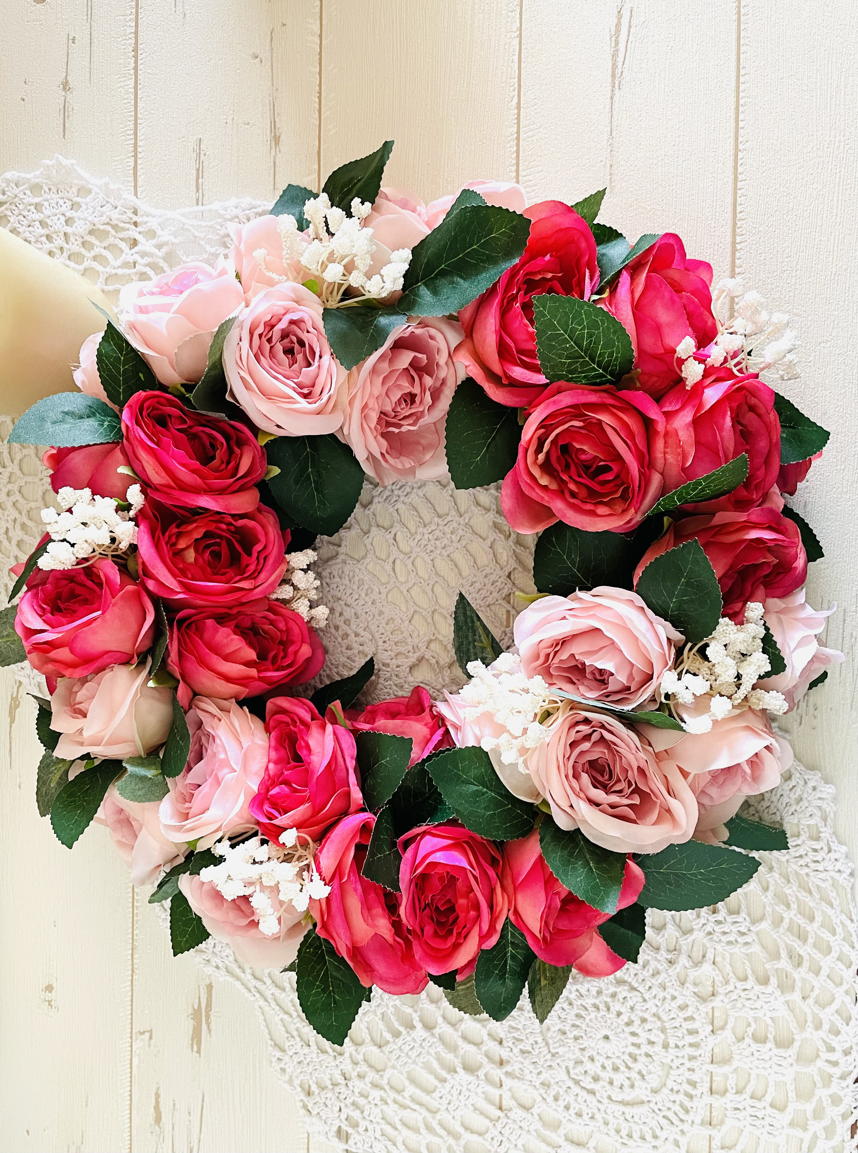 受注制作　ゴージャス薔薇のリース　ギフト　玄関リース　ドアリース　薔薇リース　誕生日