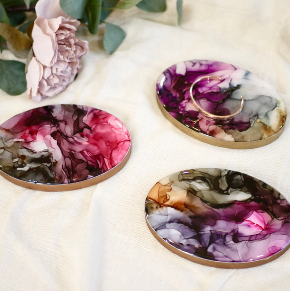 アルコールインクアート　深みのあるカラー　オーバルプレート　アートレジンコーティング　3枚セット        Ω 人気・おすすめ｜使いやすい・旅行におすすめ 品質保証 全国発送