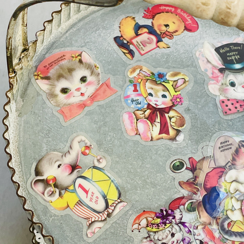 セット　ヒヨコ　羊　動物　グリーティングカード　ヴィンテージ　紙物　紙モノ　味紙 フランスポストカード Ami うさぎ ひつじ にわとり 幼子 リボン（Fille