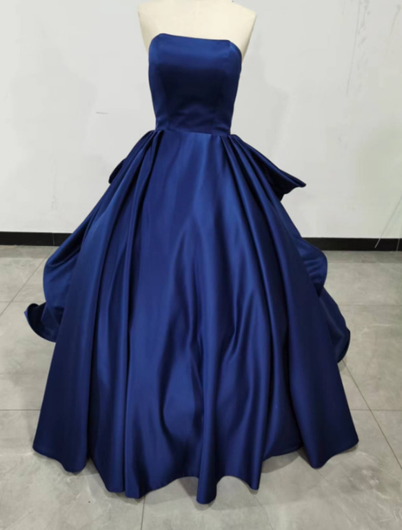 目立つ ドレス 高級イタリアサテン ウェーブ ベアトップ ノースリーブ  