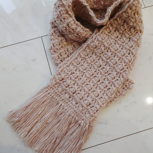 マフラー 模様 編み ベージュ フリンジ 手編み 編み物 マフラー