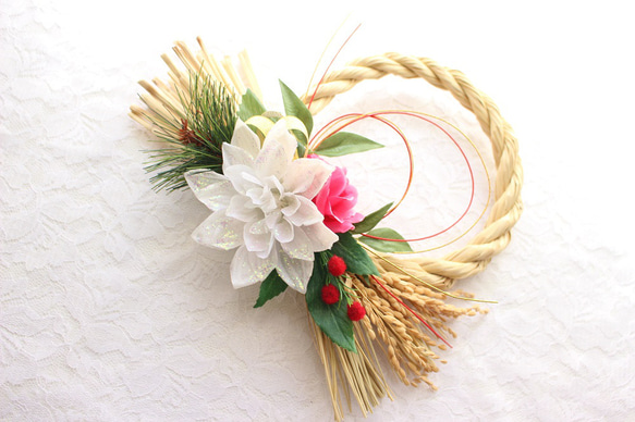 キラキラしめ縄リース ホワイトフラワー おしゃれしめ縄 2024