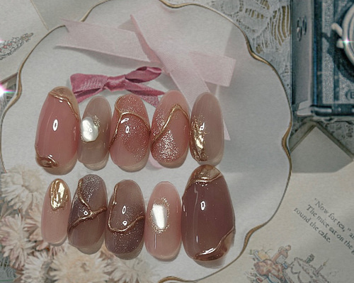 No.9 くすみカラー ニュアンス ネイルチップ ピンク＆パープル ミラー