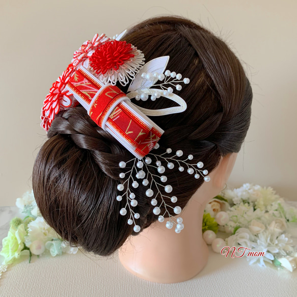成人式卒業式結婚式・和装水引髪飾り・11点セット・紅朱 3枚目の画像