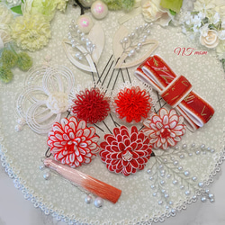 成人式卒業式結婚式・和装水引髪飾り・11点セット・紅朱 2枚目の画像