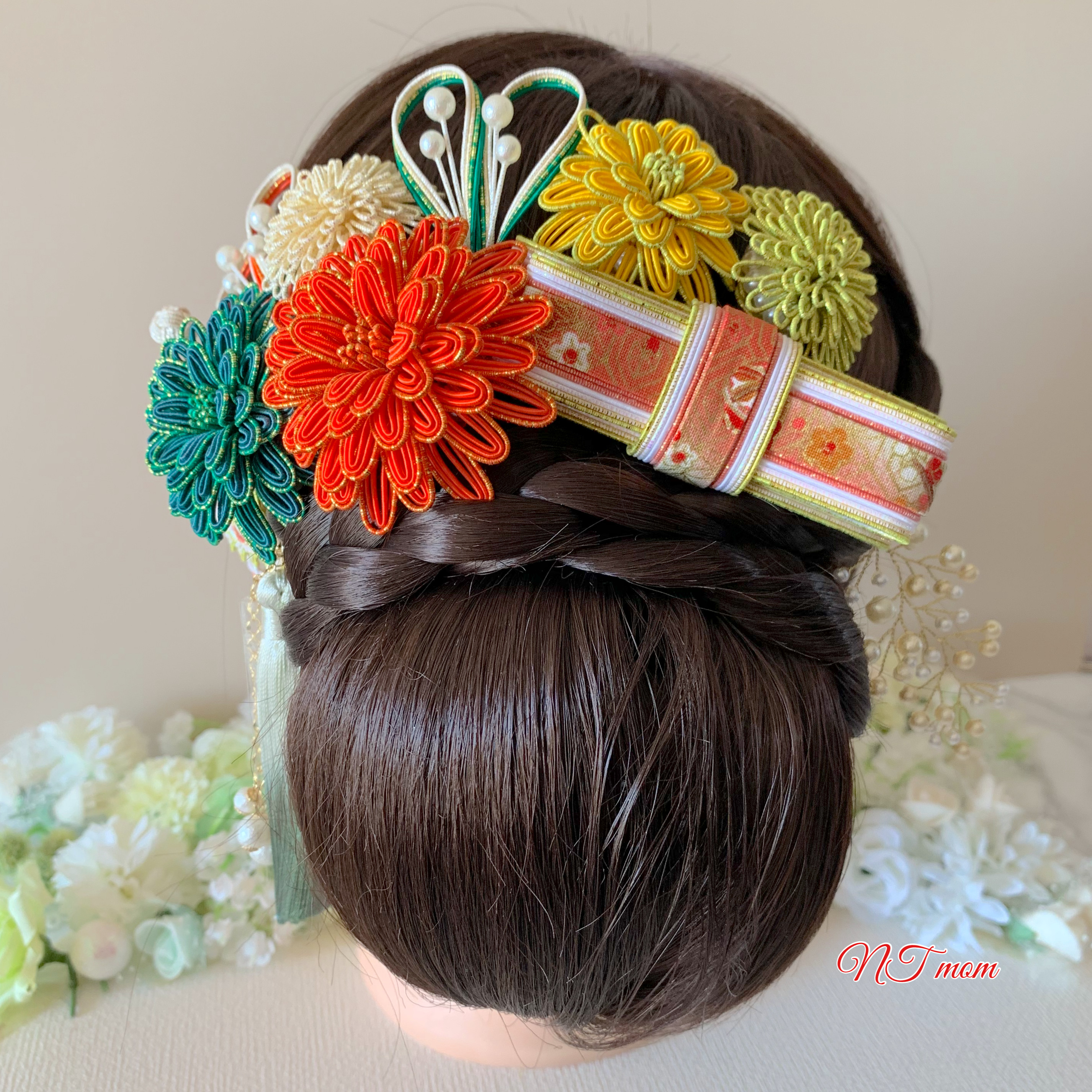 成人式卒業式結婚式・和装水引髪飾り・11点セット・橙緑