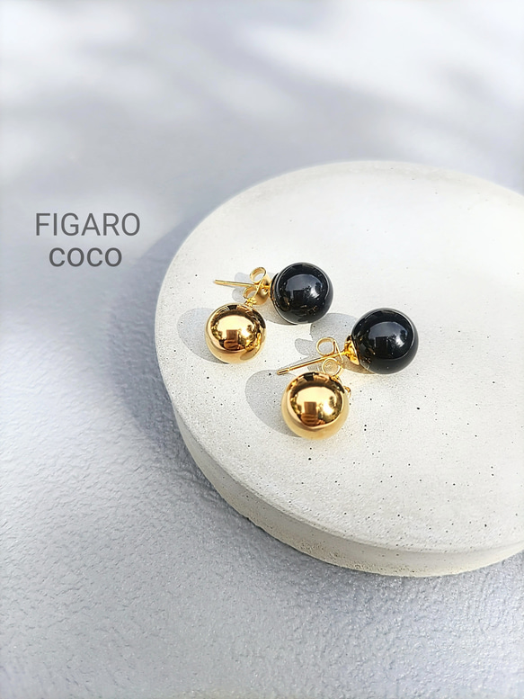 【FIGARO coco】つけっぱなしOK♡ブラックオニキス×サージカルステンレス 2wayピアス／SUS316L／ 1枚目の画像